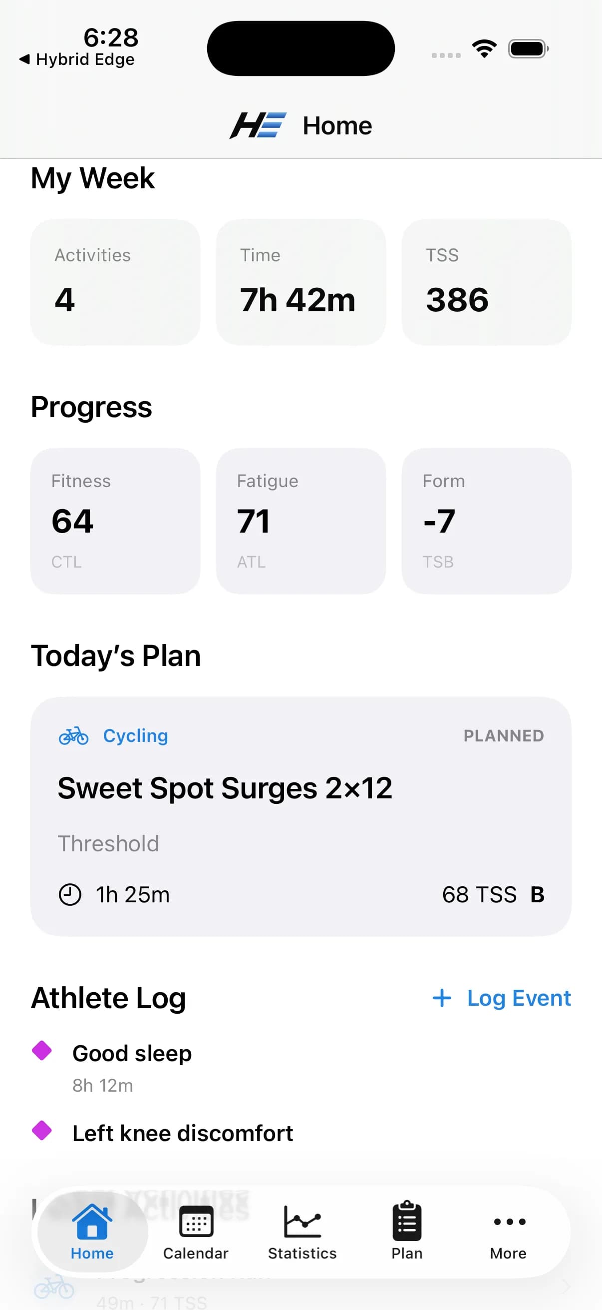 Hybrid Edge weekly training and progress dashboard