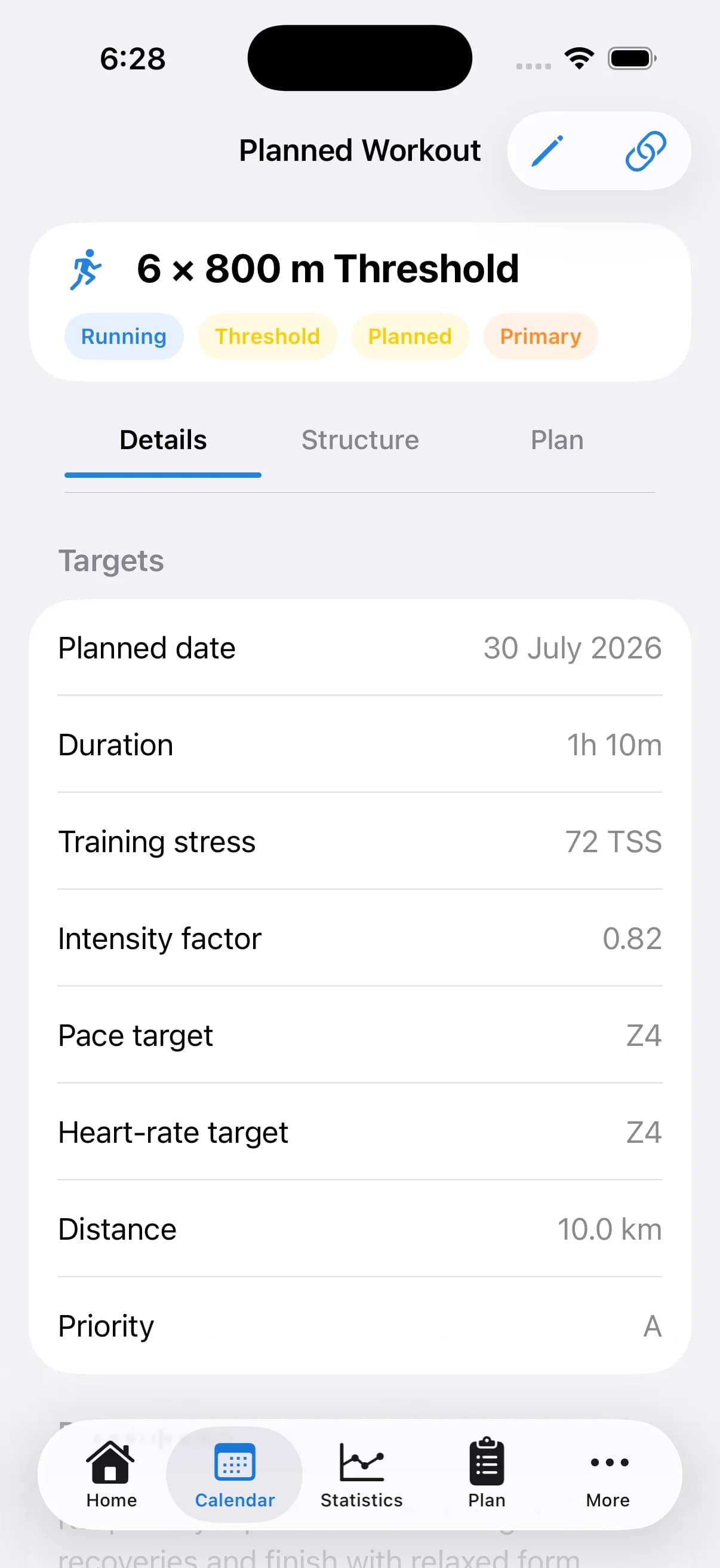 A planned running workout in Hybrid Edge