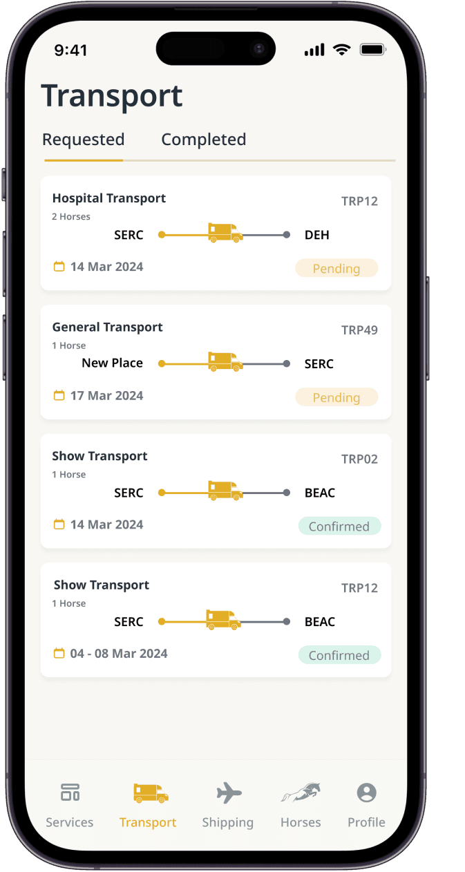 ProEquine transport requests screen